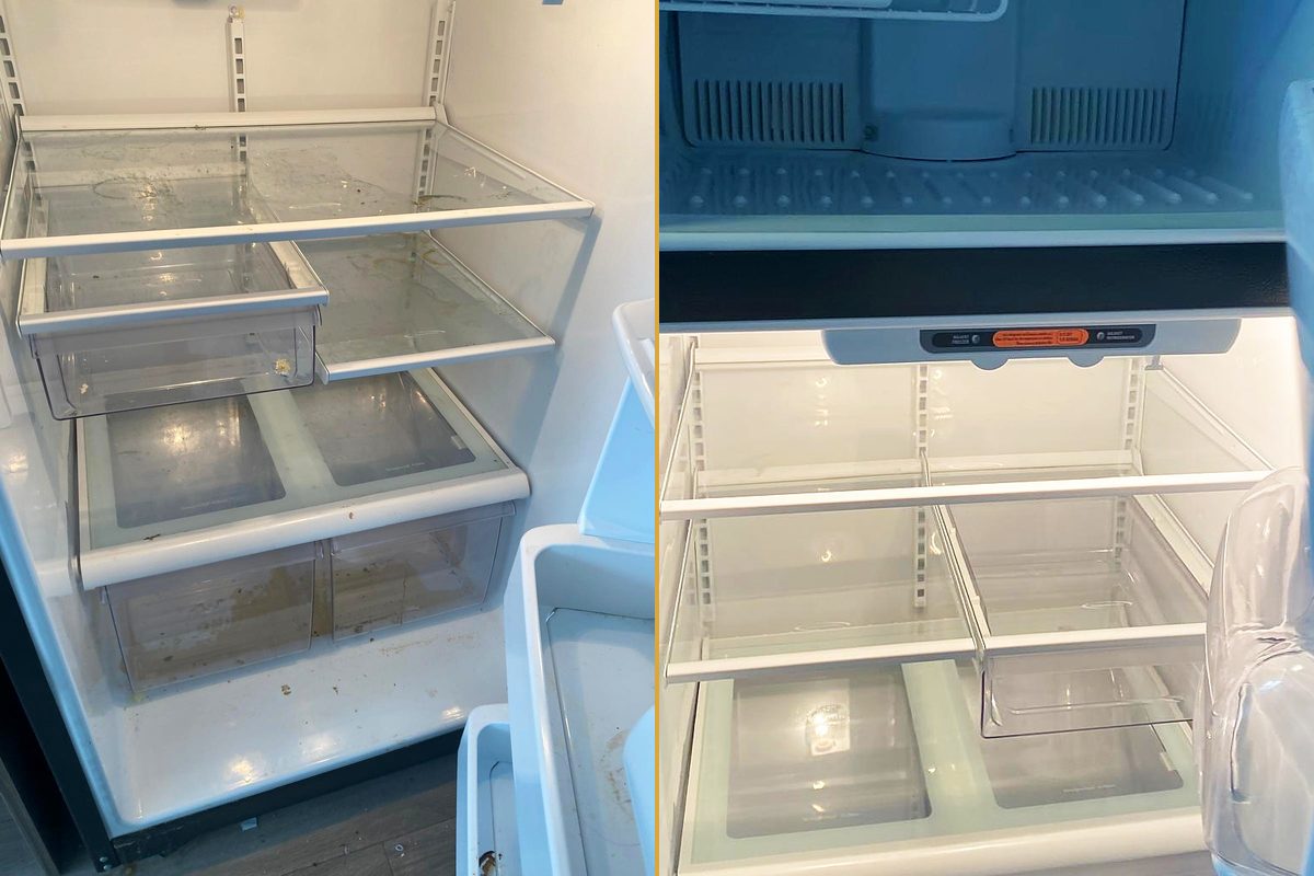 Close view of stained refrigerator shelves and drawer, and the same shelves clean