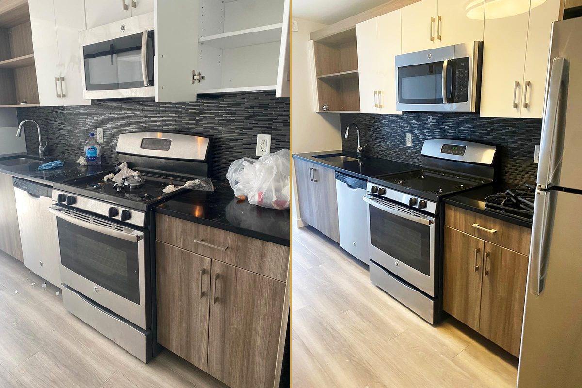 Una cocina con basura en la encimera y una estufa sucia, y la misma cocina despejada y limpia