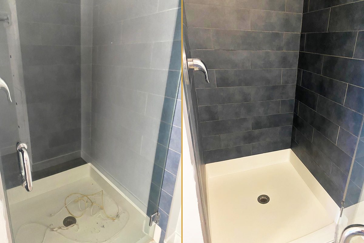 Una ducha de azulejo con suciedad y restos por toda la base, y la misma ducha impecable después