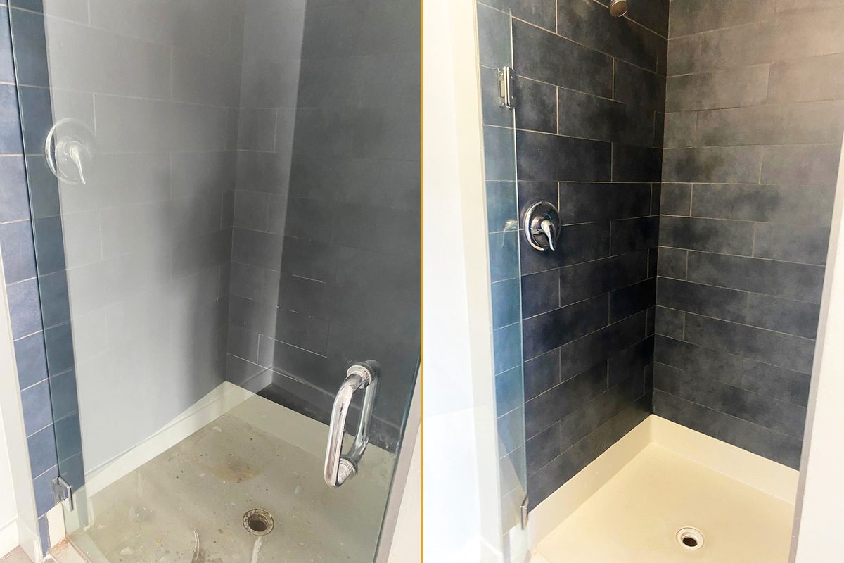 A tiled shower wall and stained base, and the same wall and base clean