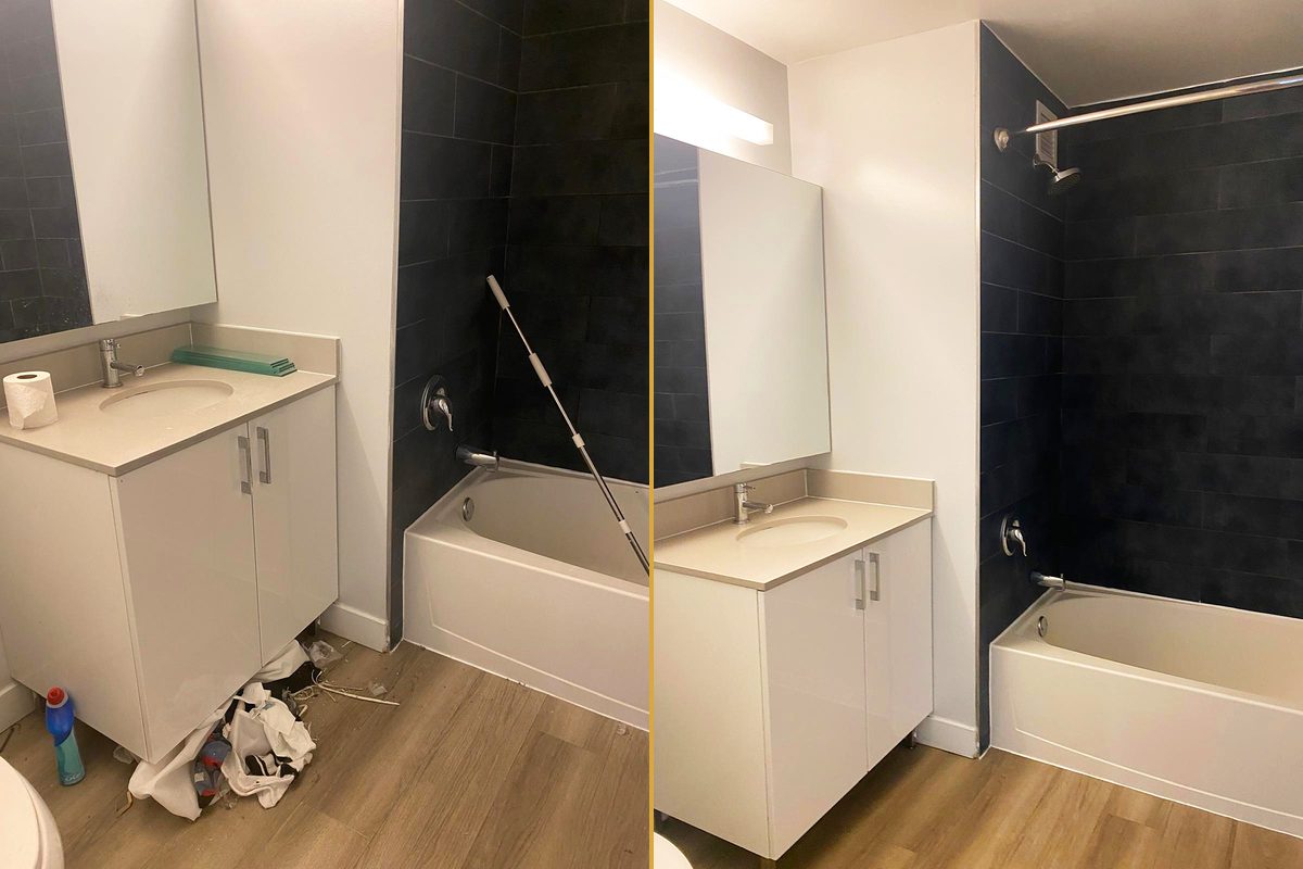 Un baño con trapos y desorden en el piso junto a la bañera, y el mismo baño despejado y limpio