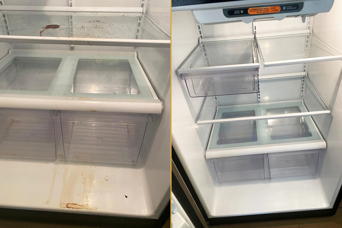 Stained refrigerator crisper drawers, and the same drawers and interior clean