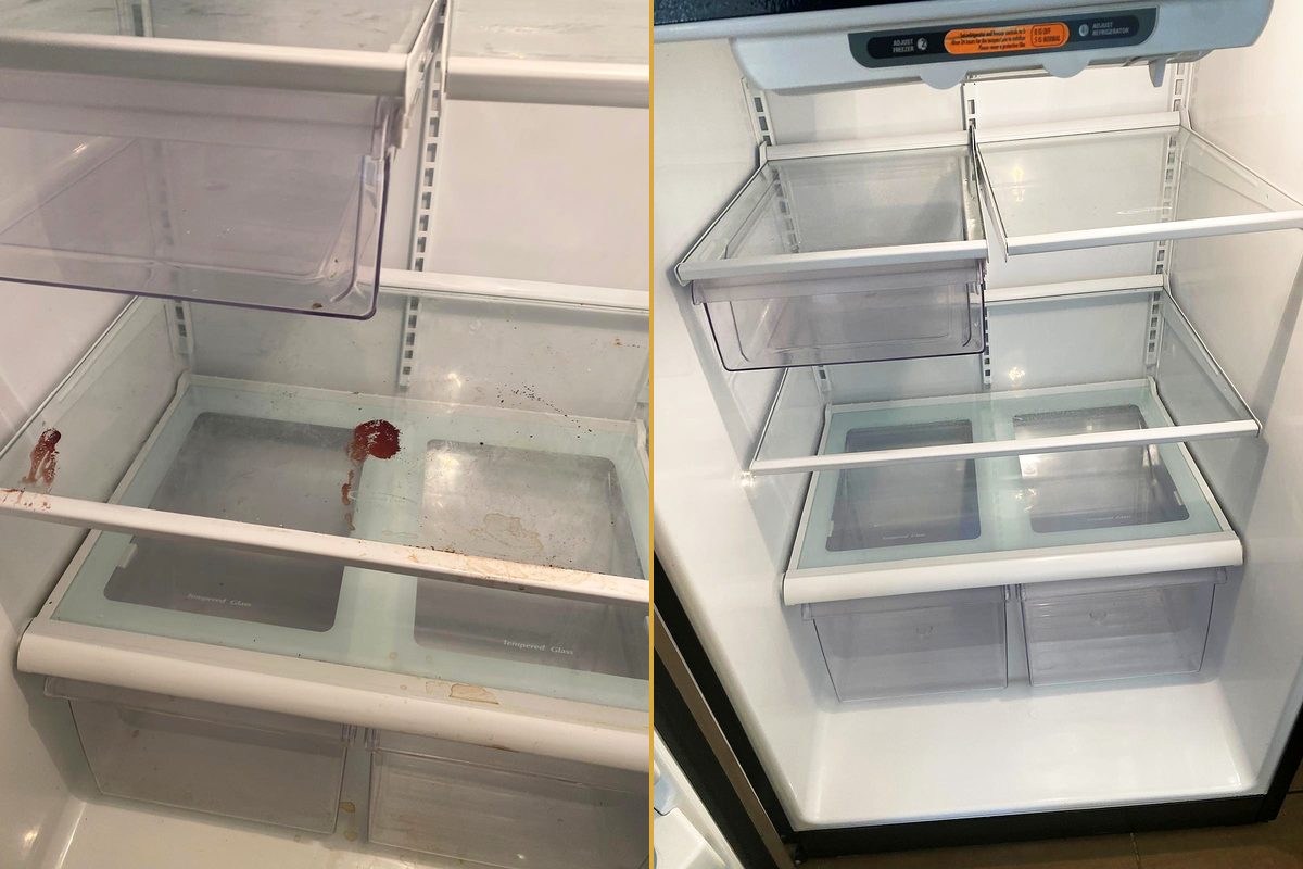El interior de un refrigerador con derrames secos en los estantes, y el mismo interior limpio
