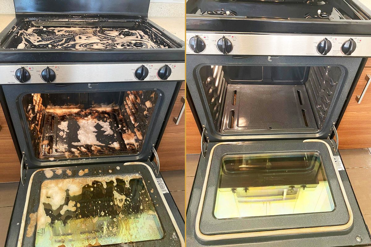 Un horno de gas cubierto de grasa quemada y derrames, y el mismo horno vacío y limpio después de una limpieza profunda