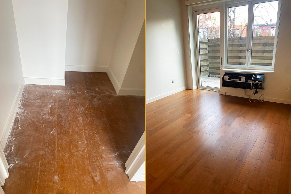 A dusty hardwood floor in an empty room, and the same floor clean beside a patio door