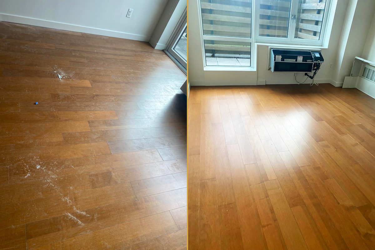Un piso de madera opacado por polvo y residuo seco, y el mismo piso limpio reflejando la ventana