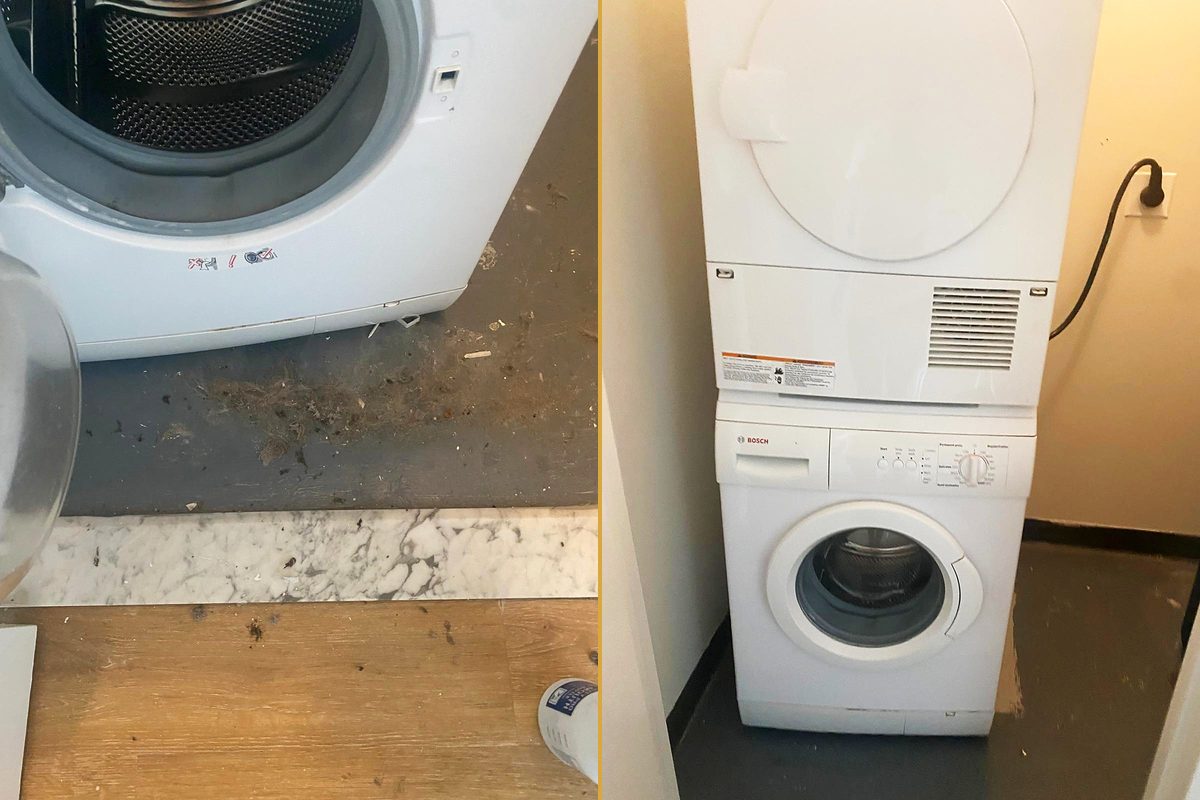 El piso sucio que aparece al mover la secadora, y el mismo lugar limpio con la máquina de vuelta en su sitio